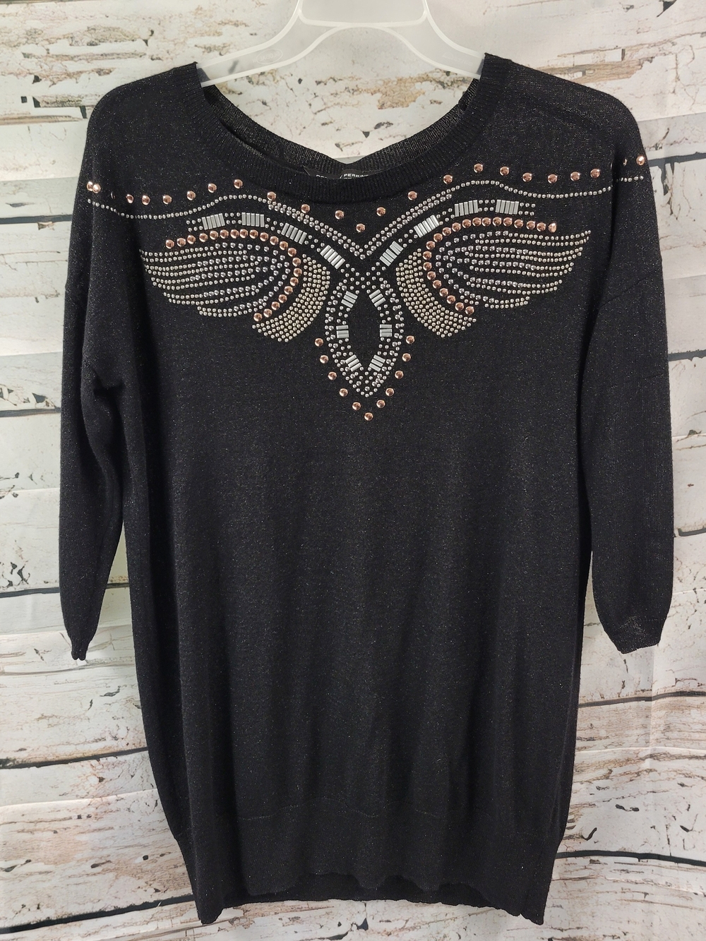 Dorothy Perkins Black Sparkly Embellished Sweater Top Rhinestone Glam Evening